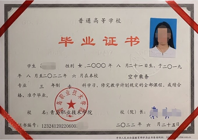 滨城青岛职业技术学院毕业证样本图片